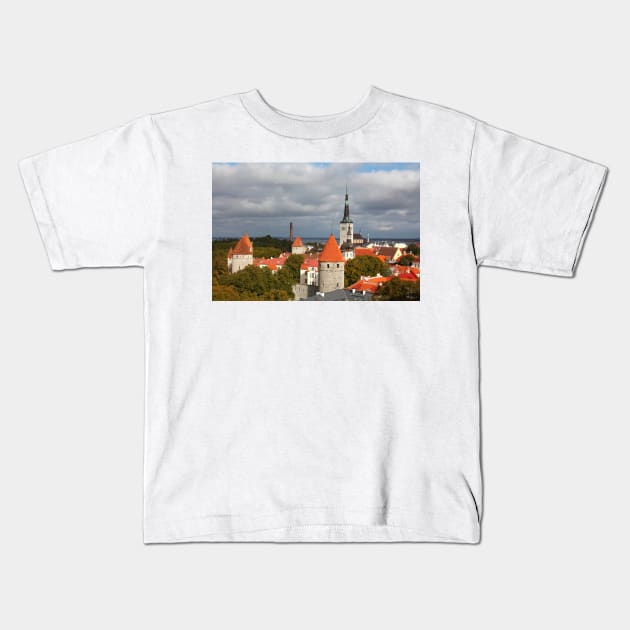 View from Toompea of the Lower Town, Old Town with Olai's Church or Oleviste Kirik, and a tower of the city wall, Tallinn, Estonia, Europe Kids T-Shirt by Kruegerfoto